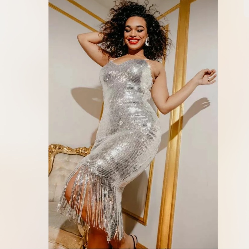 NEW Plus Size Silver Sequin Fringe Dress